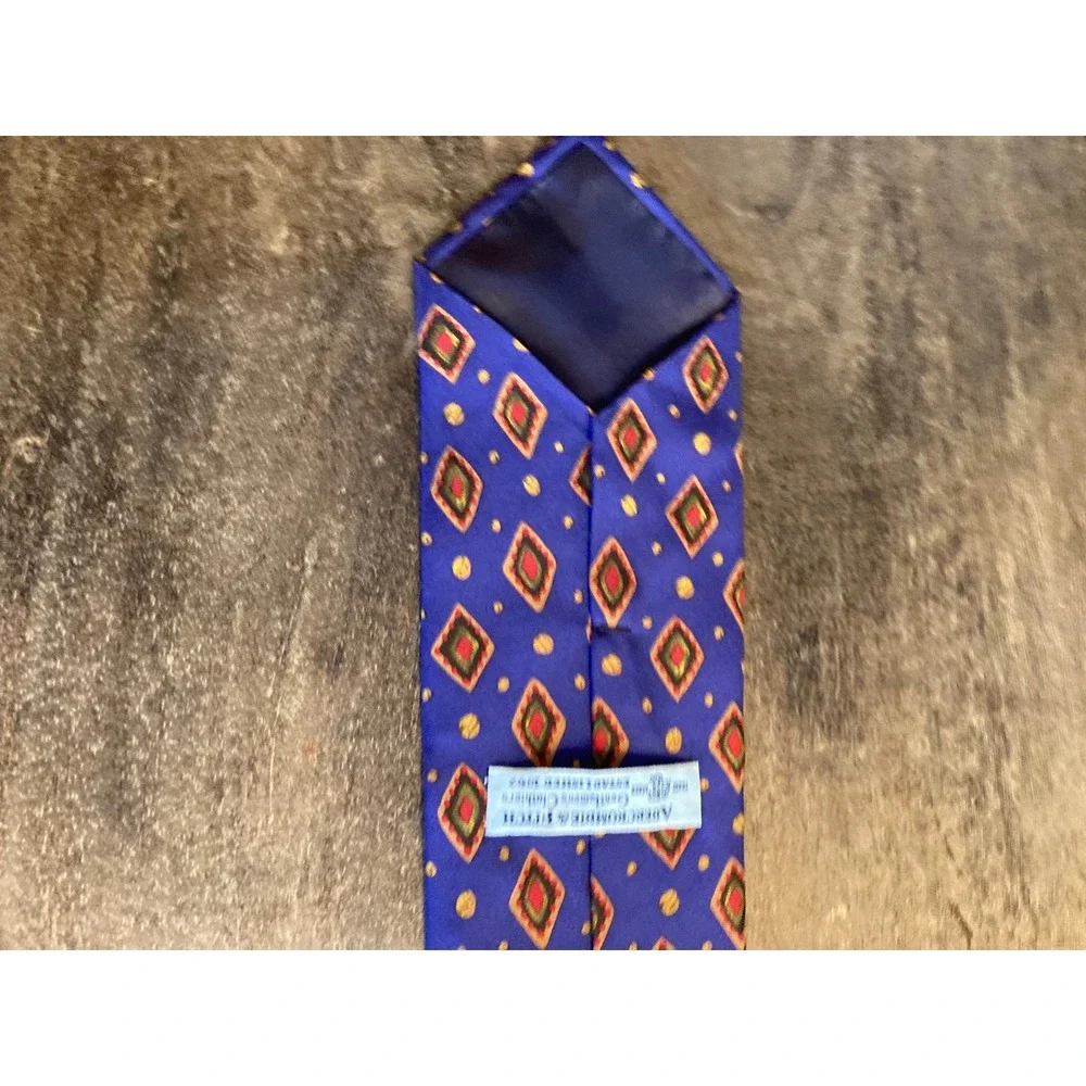 Abercrombie & Fitch Mens Silk Tie Blue Red Gold Geometric Diamond Made in USA